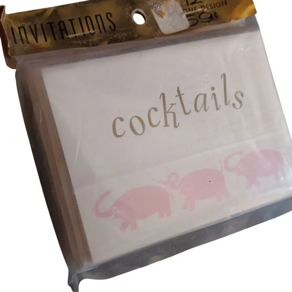 Vintage Cocktail Invitation Cards Set 12 Envelopes With Pink Elephant Design